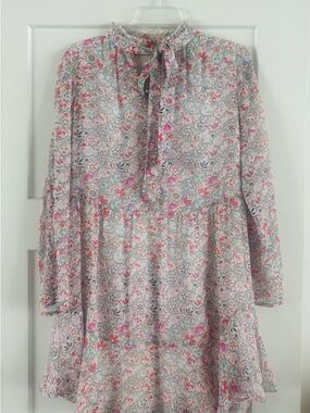 Shoshanna Pink Floral Tie-Neck Long Sleeve Dress